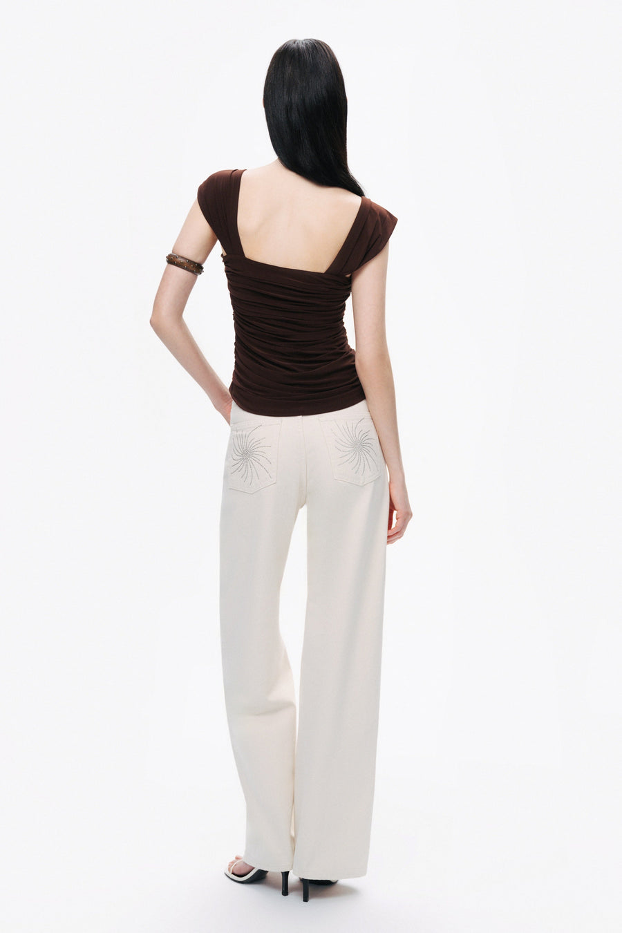 Coffee Thick Strap Draped Detail Blouse