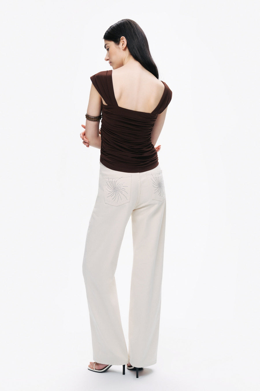 Coffee Thick Strap Draped Detail Blouse