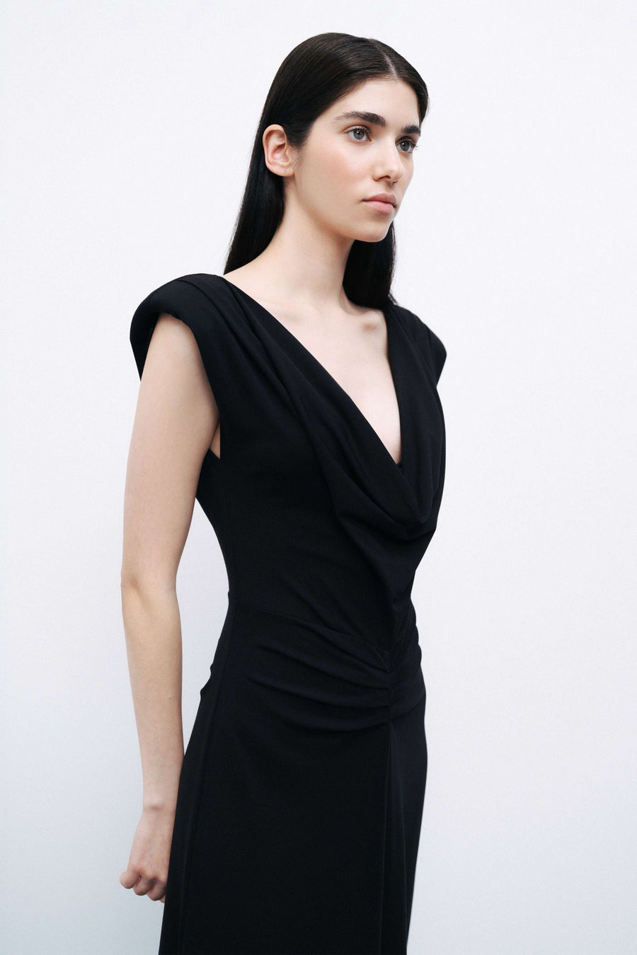 Black Padded Shoulder Maxi Dress