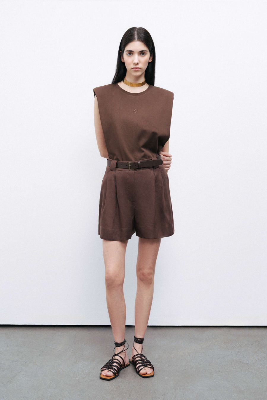 Coffee Belted Linen Mini Shorts