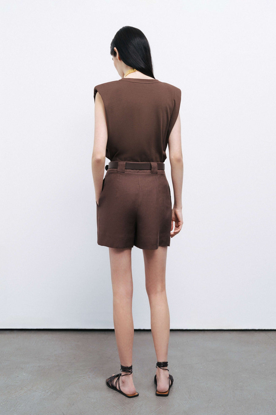 Coffee Belted Linen Mini Shorts