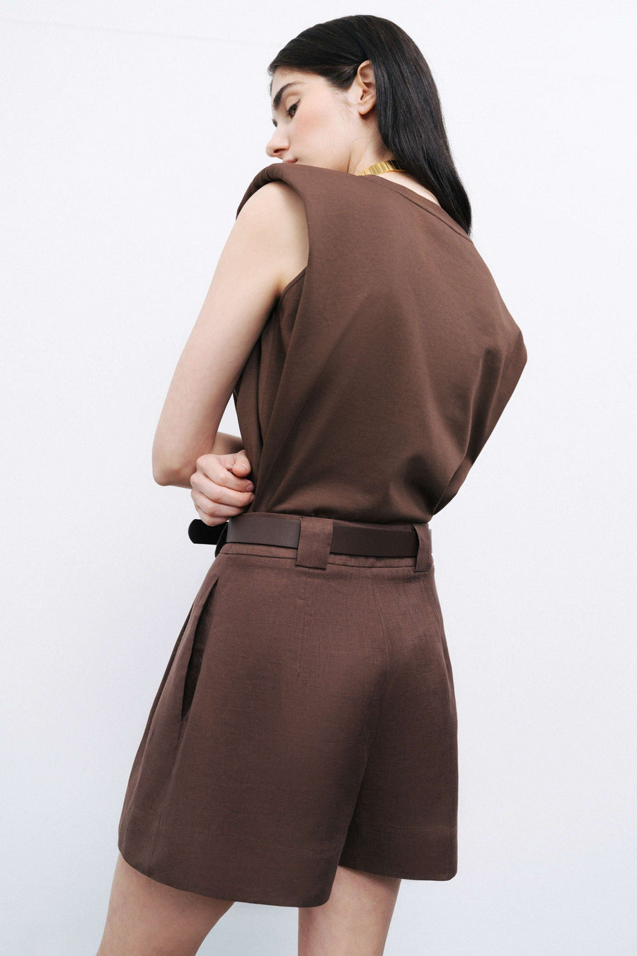 Coffee Belted Linen Mini Shorts
