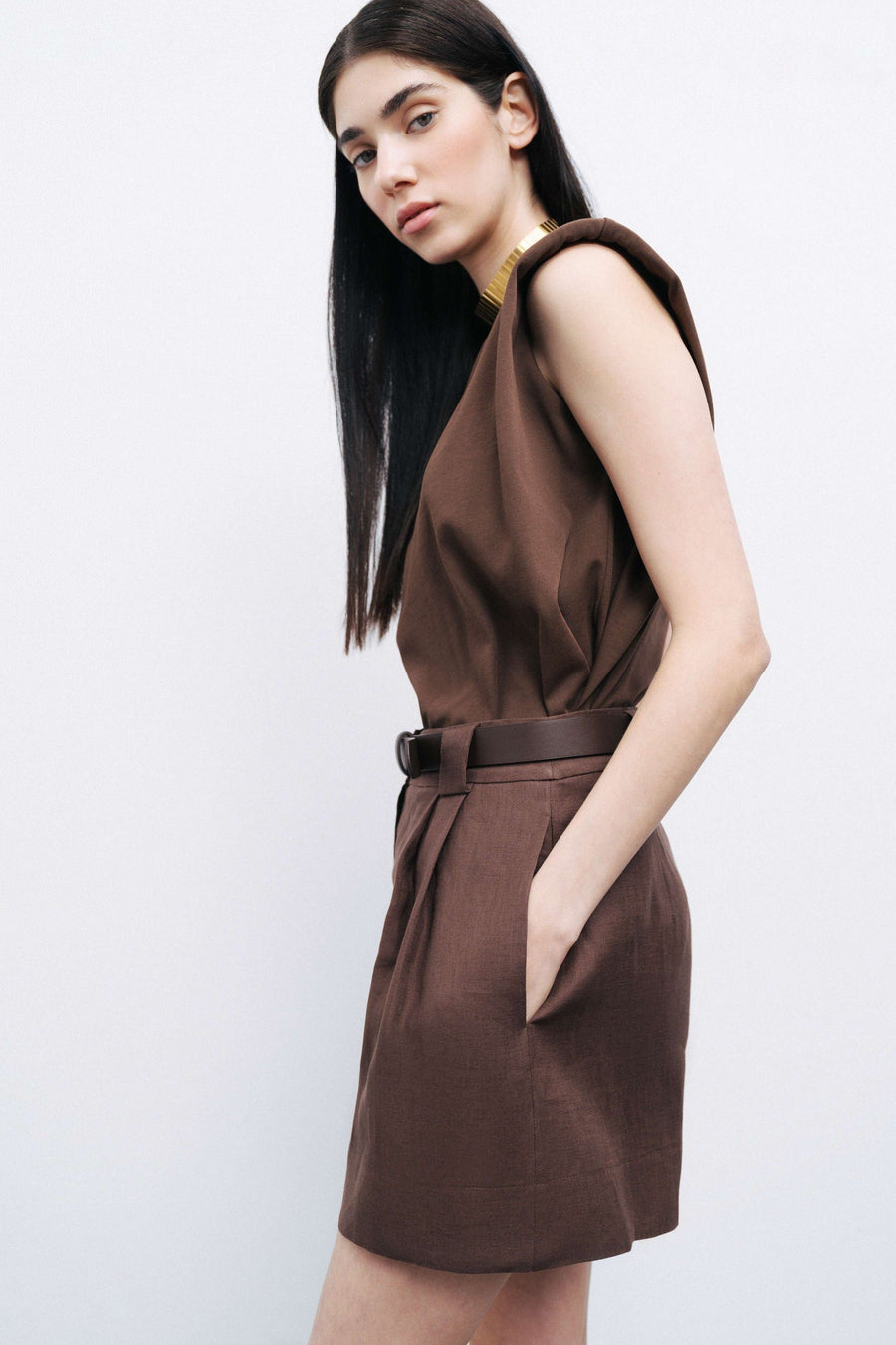 Coffee Belted Linen Mini Shorts