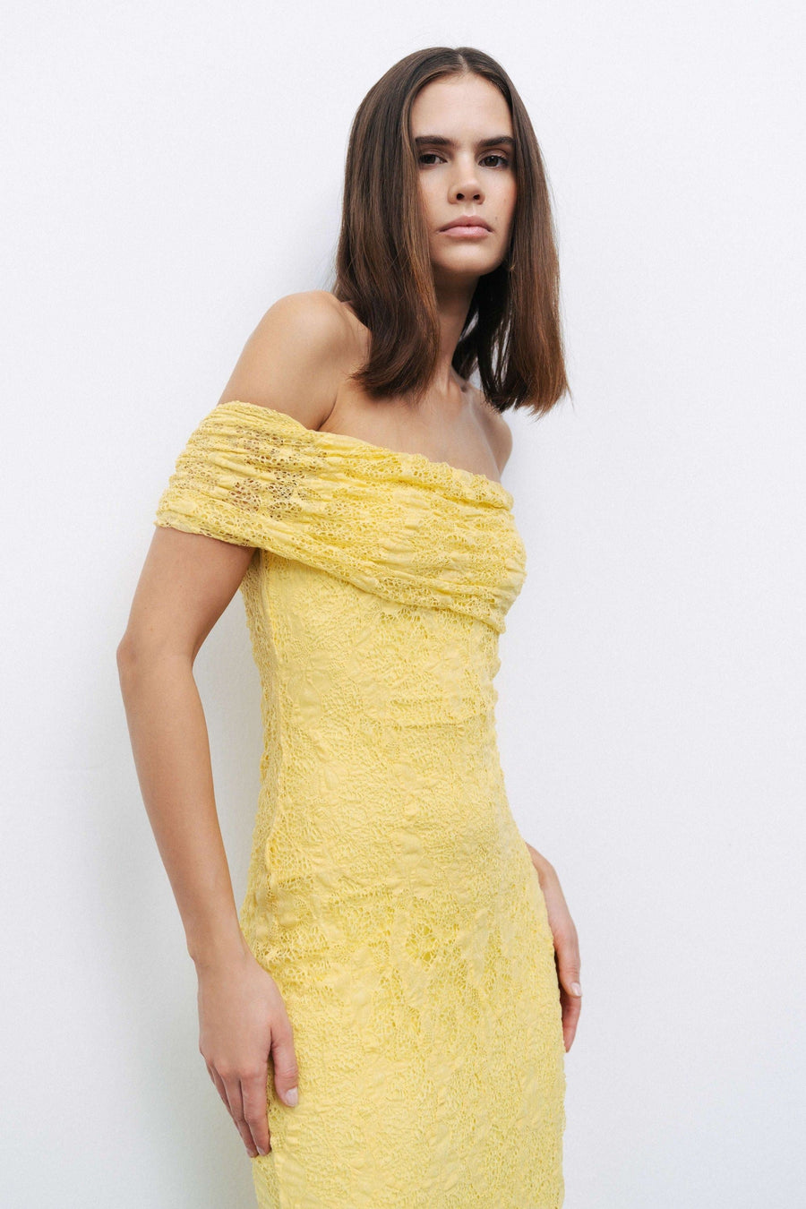 Yellow Off-The-Shoulder Lace Detailed Maxi Dress