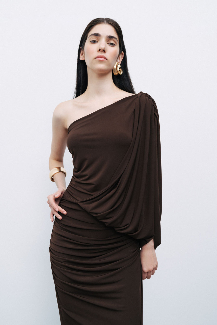 Brown Draped Detail Maxi Dress
