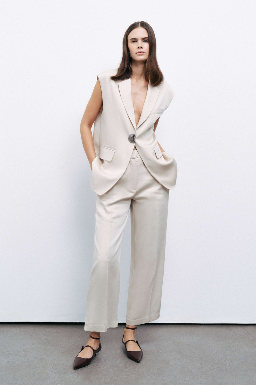 Beige Slit Detailed Pants