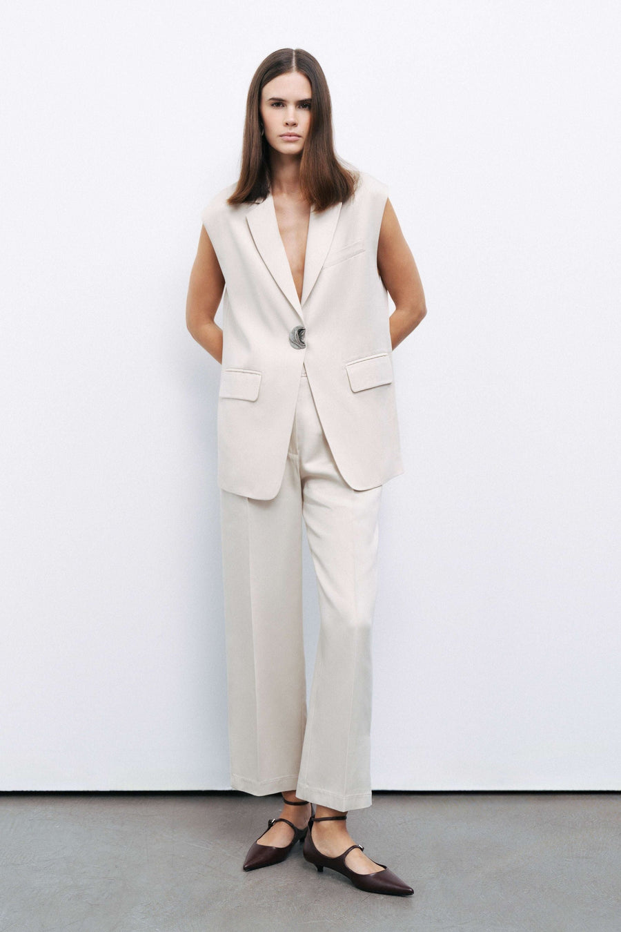 Beige Slit Detailed Pants