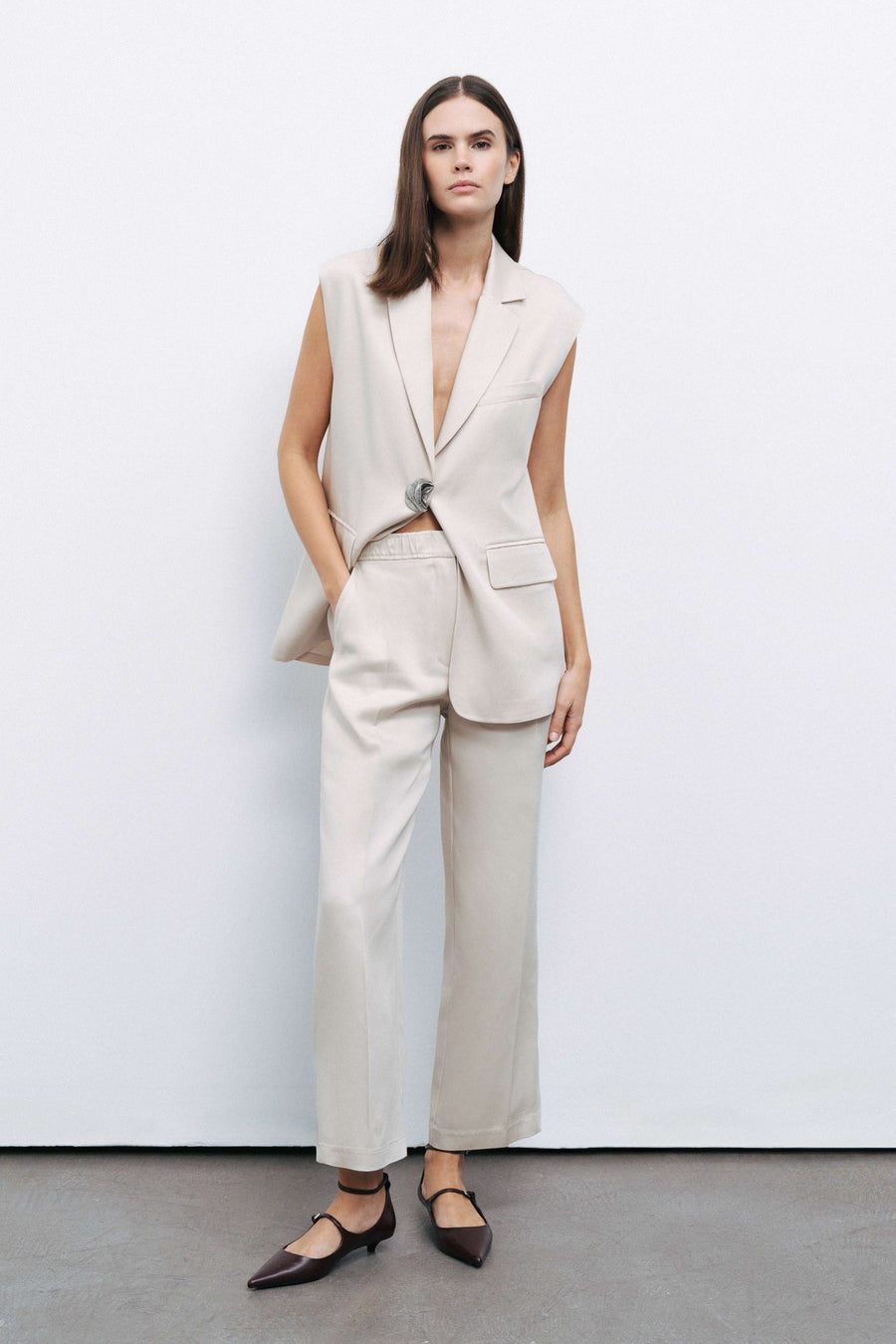 Beige Slit Detailed Pants