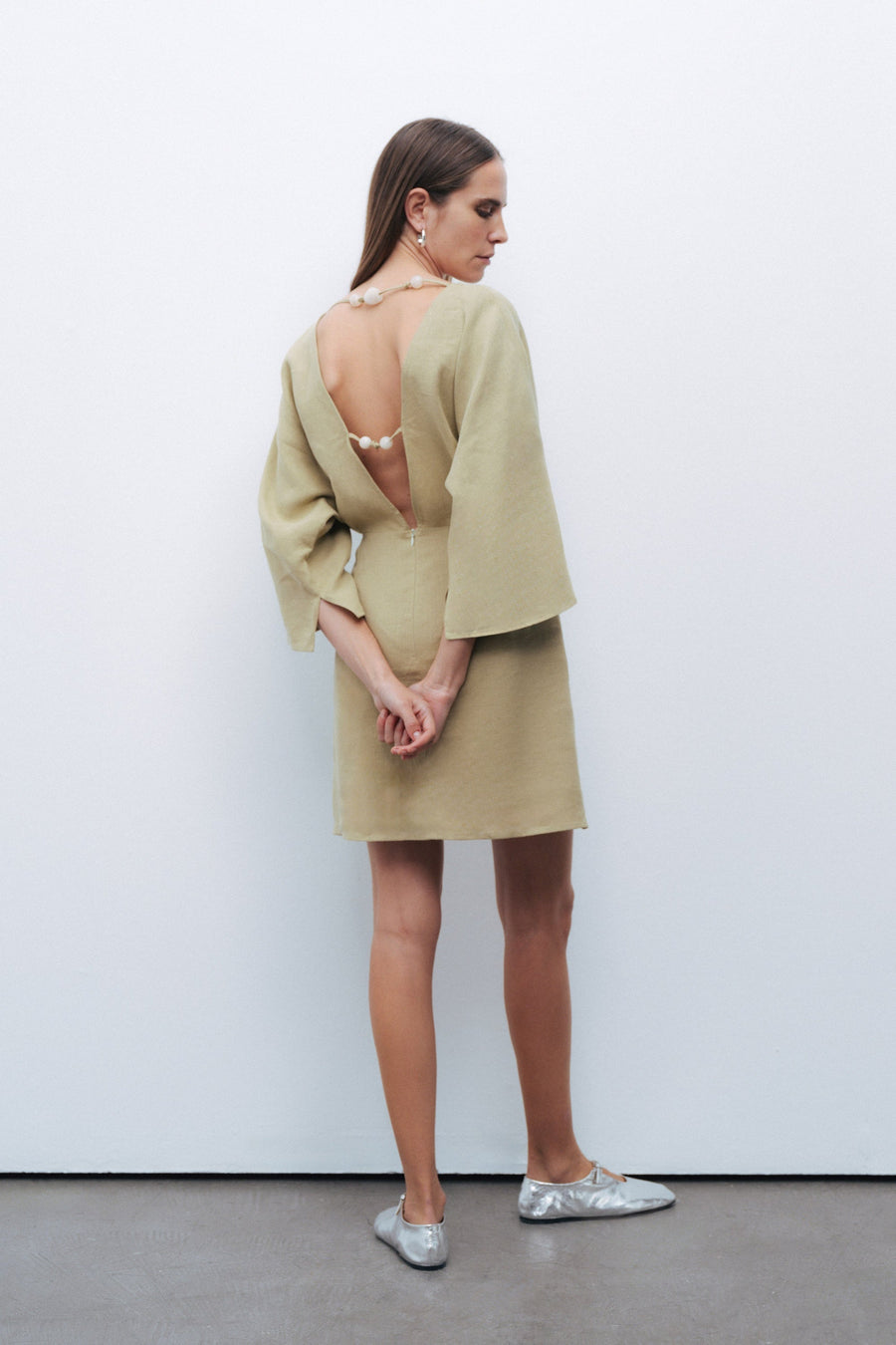 Green Beaded Back Detailed Mini Dress
