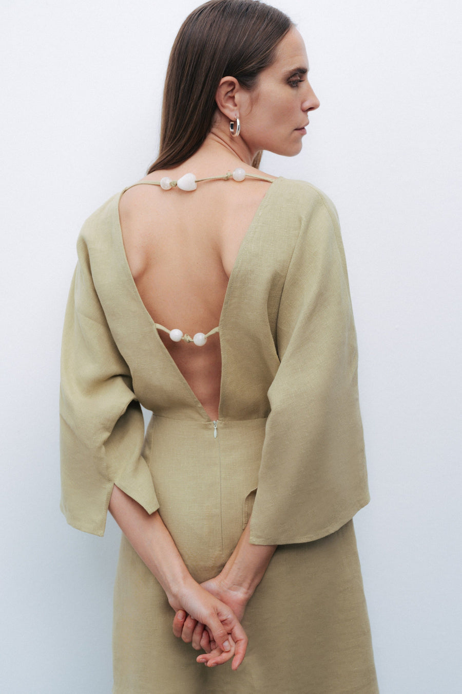 Green Beaded Back Detailed Mini Dress