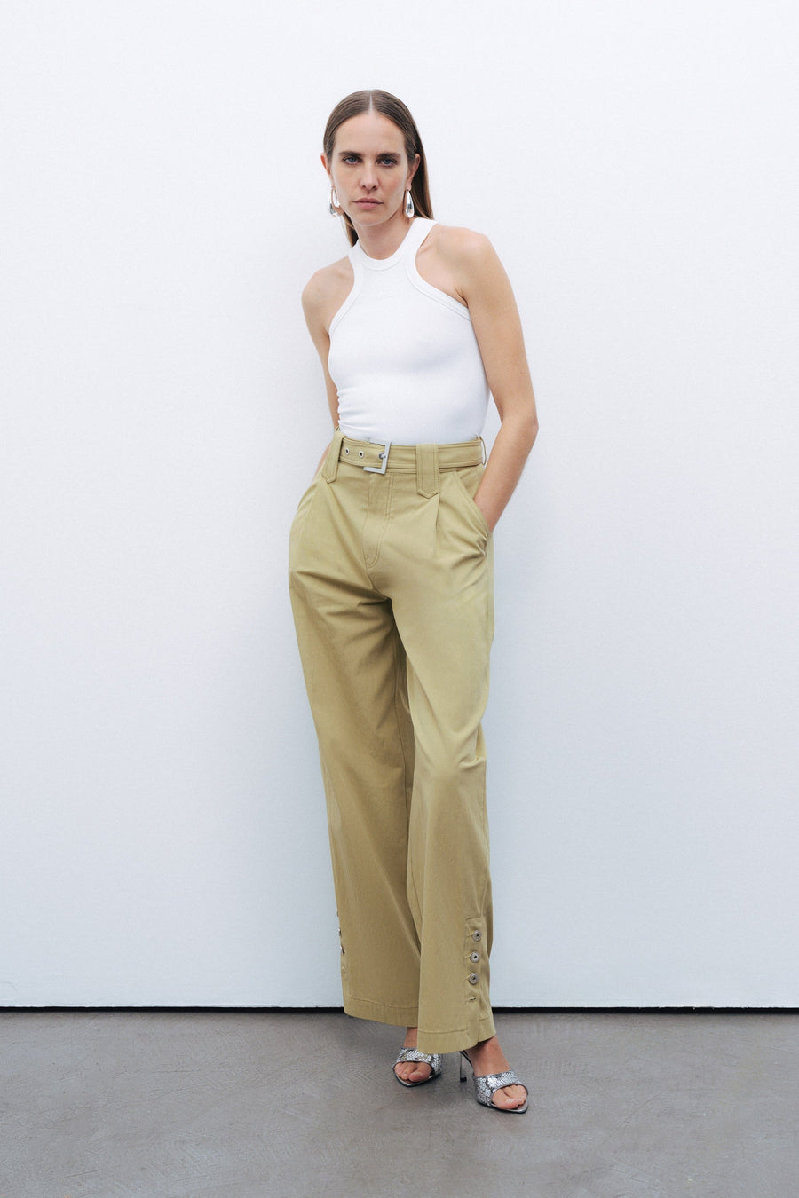 Green Metal Buckle Detailed Belted Pants
