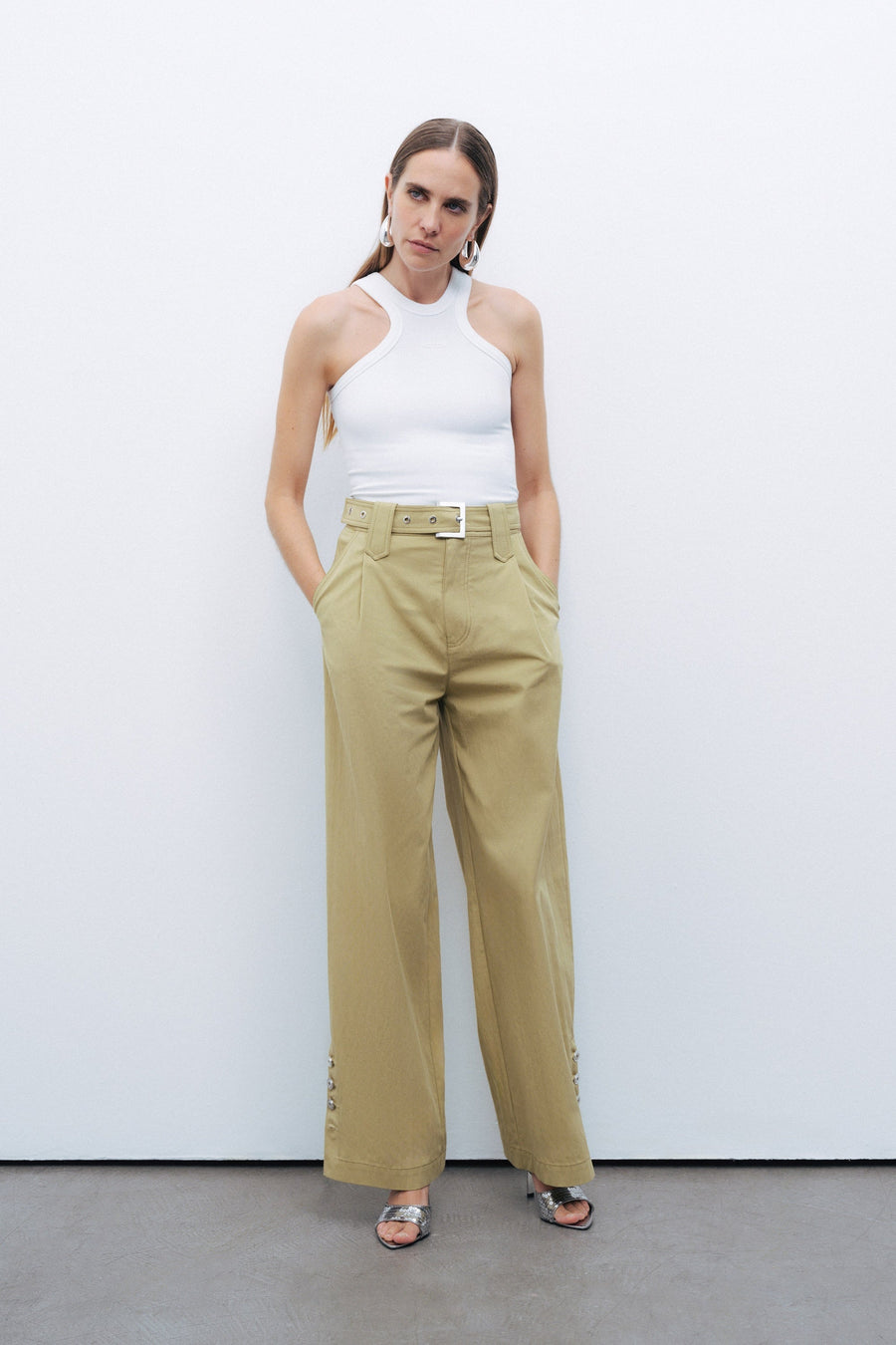 Green Metal Buckle Detailed Belted Pants
