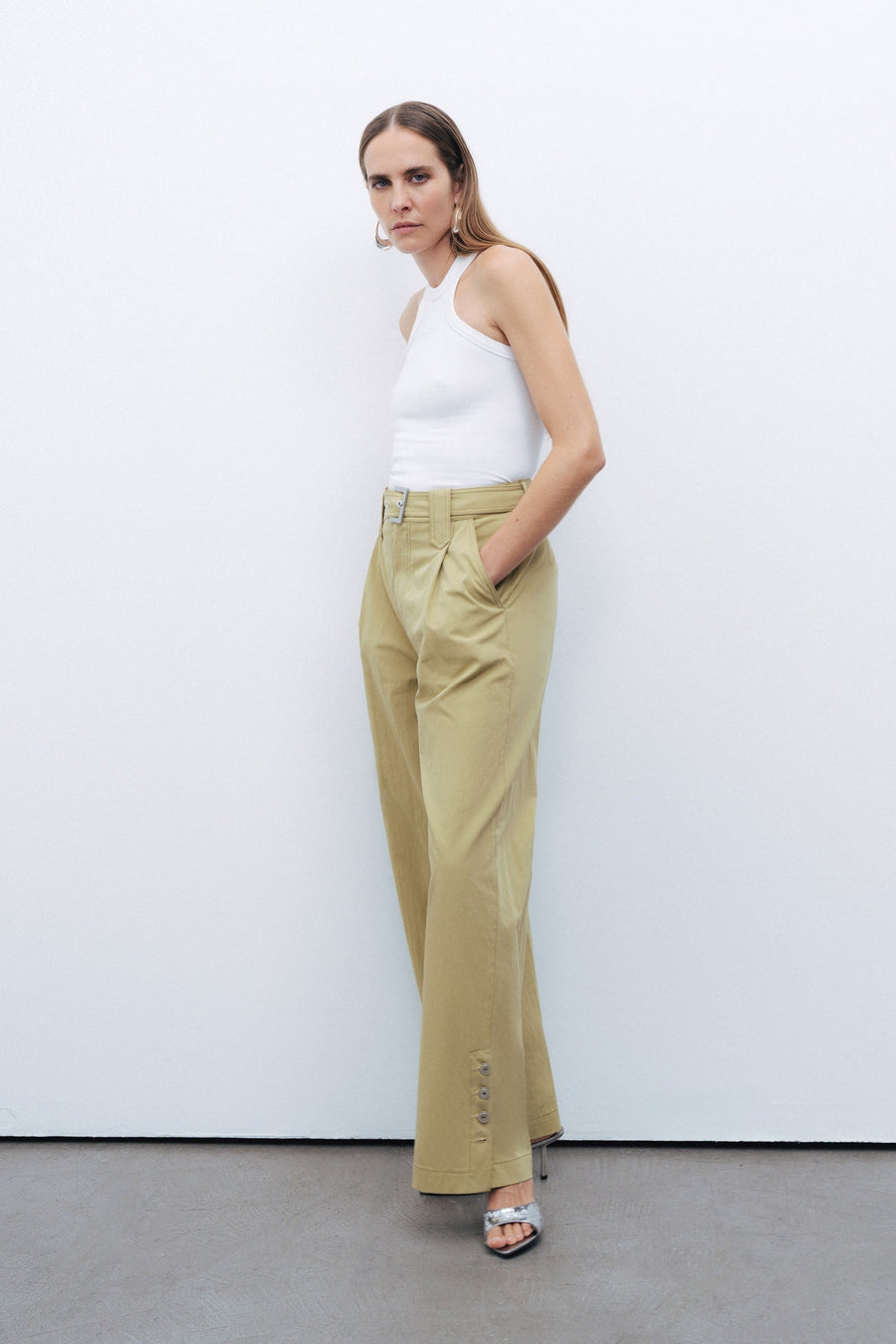 Green Metal Buckle Detailed Belted Pants