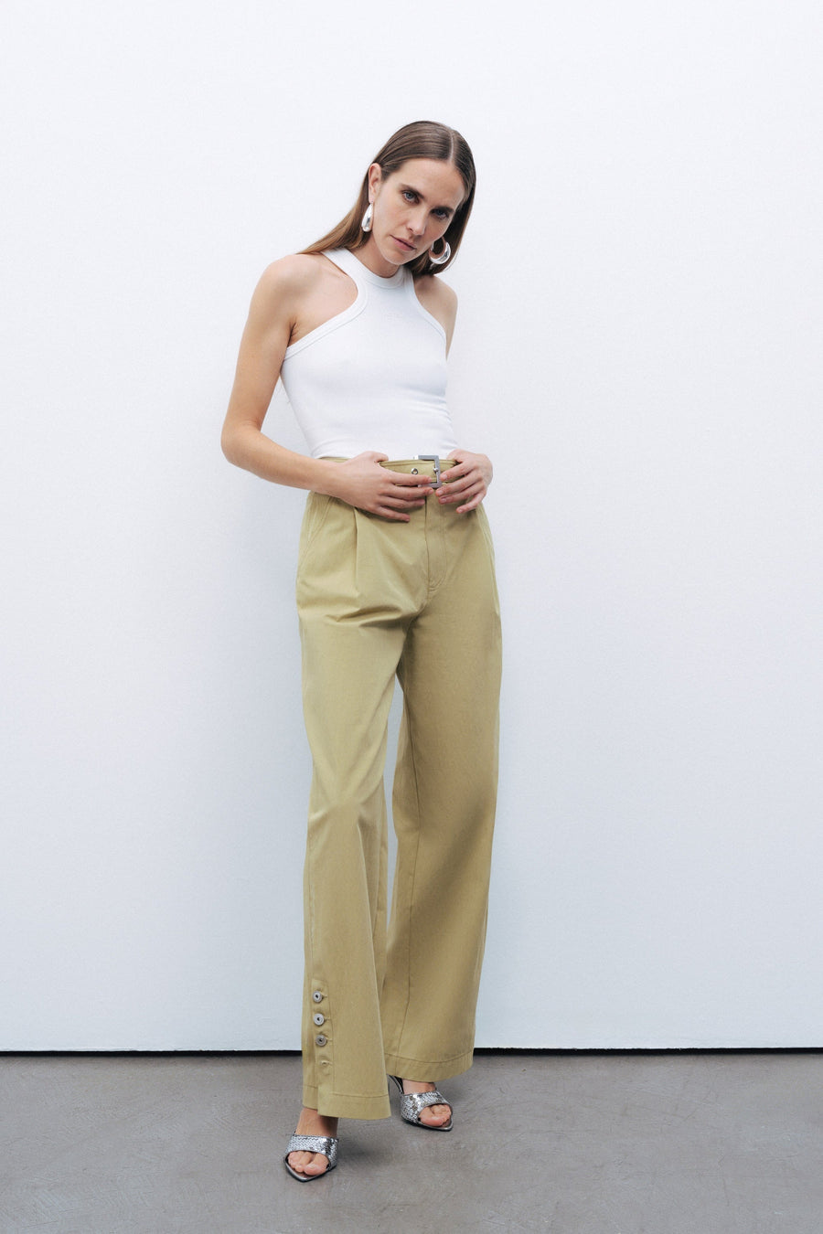 Green Metal Buckle Detailed Belted Pants