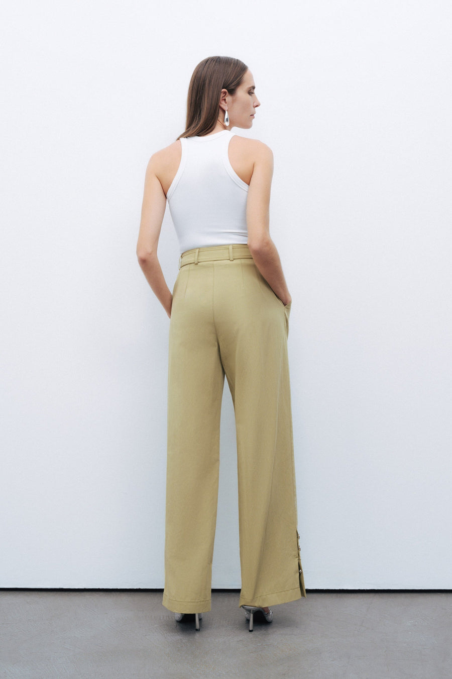 Green Metal Buckle Detailed Belted Pants