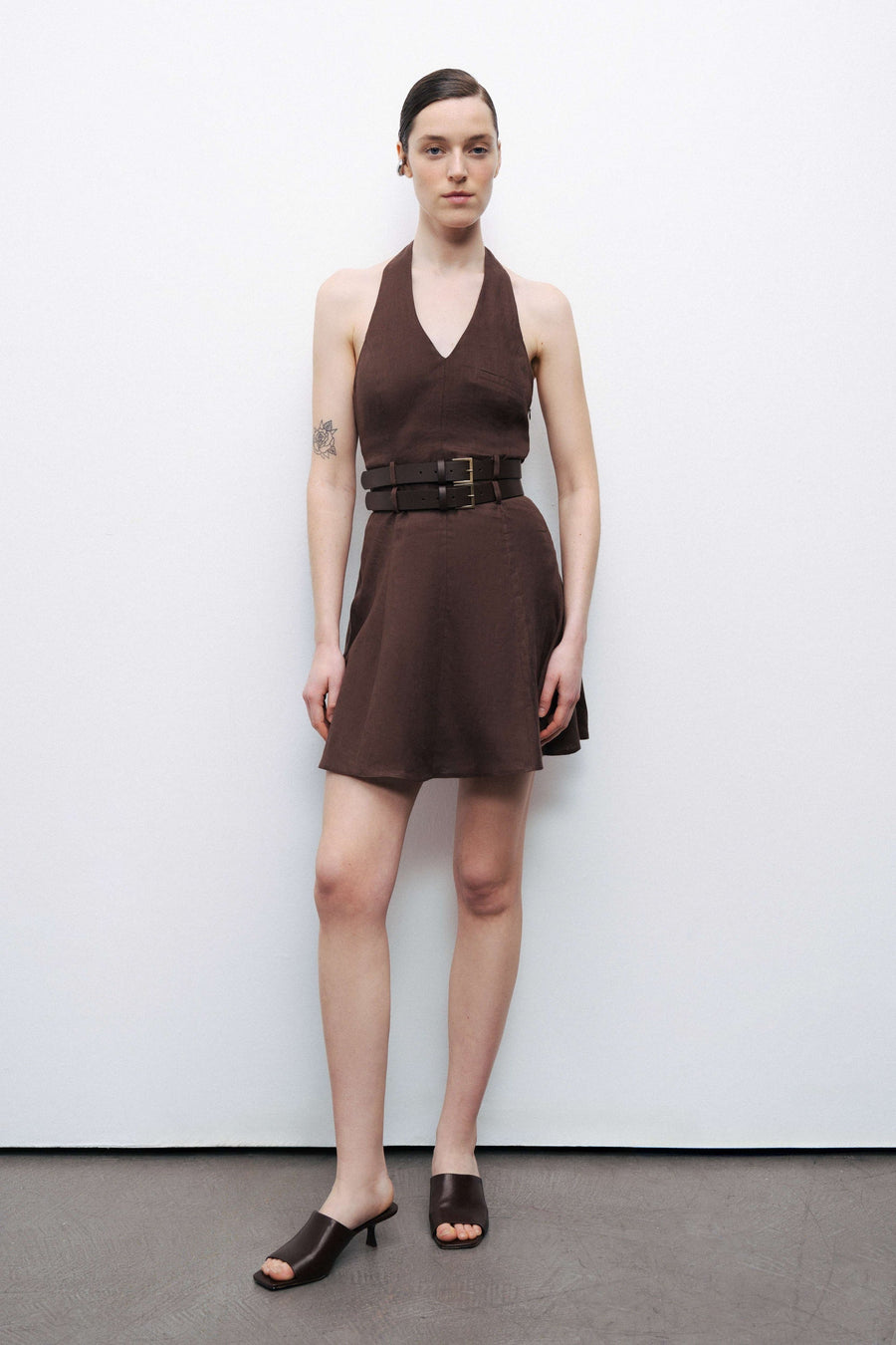 Coffee Double Belt Detailed Mini Dress