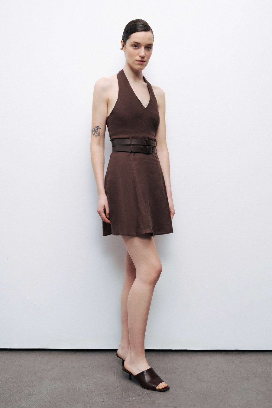 Coffee Double Belt Detailed Mini Dress