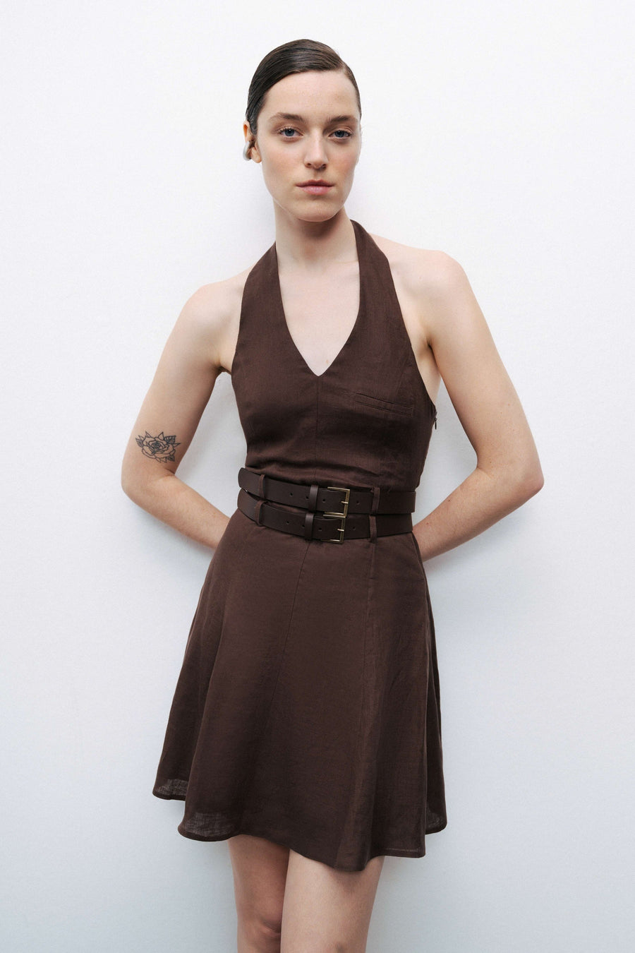 Coffee Double Belt Detailed Mini Dress