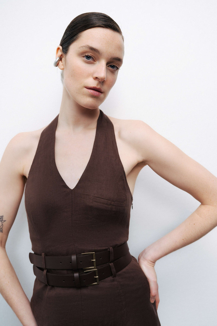 Coffee Double Belt Detailed Mini Dress