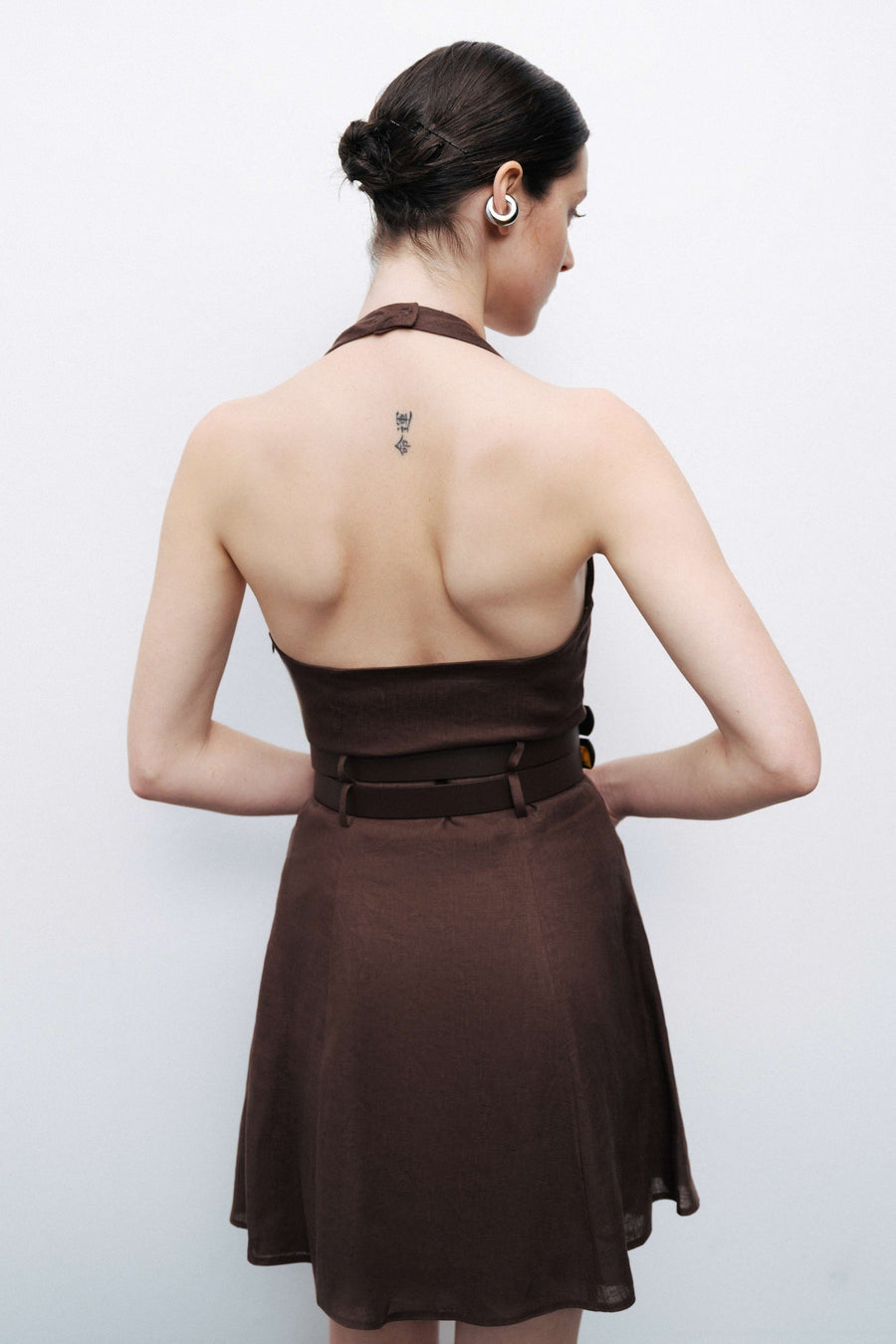 Coffee Double Belt Detailed Mini Dress