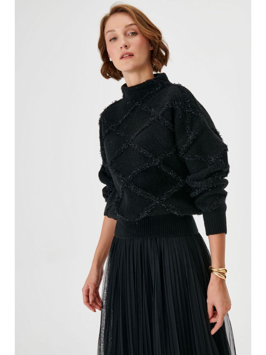 Glittery Baklava Patterned Black Knitwear Sweater Fınal Item - Porterist 1