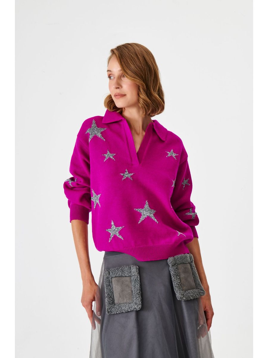 Polo Collar Pink Knitwear Sweater With Silver Star Fınal Item - Porterist 1