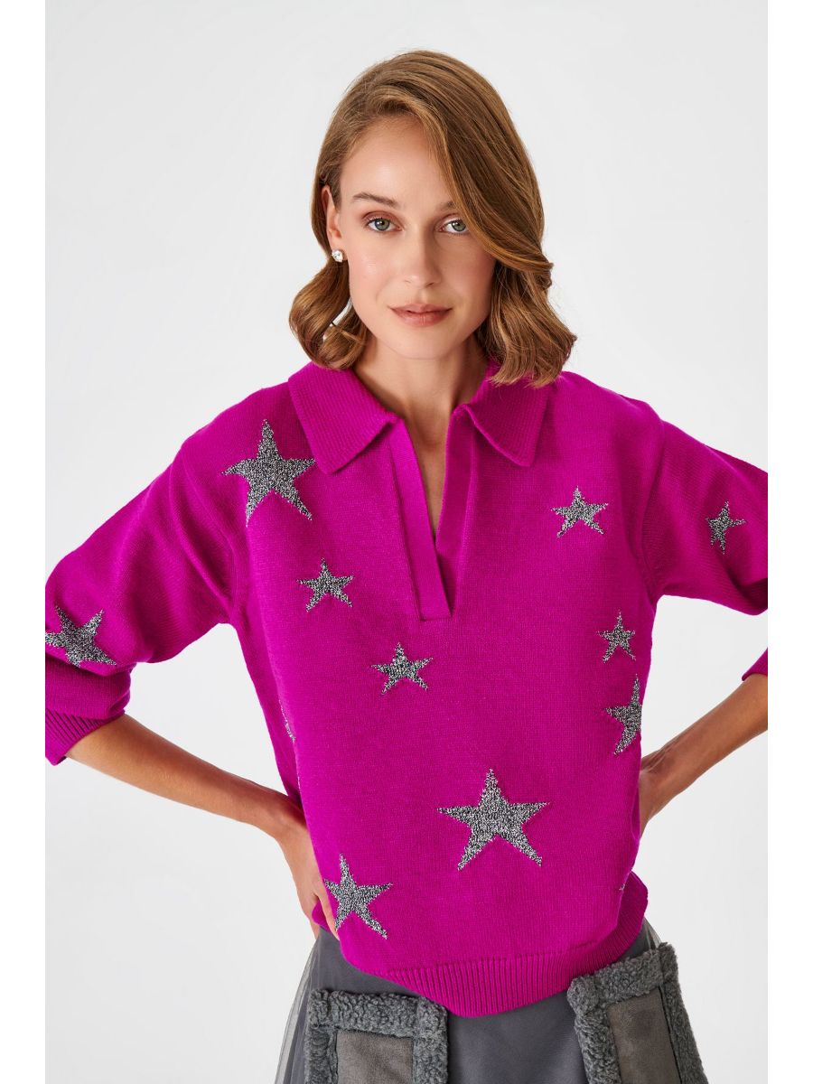 Polo Collar Pink Knitwear Sweater With Silver Star Fınal Item - Porterist 2