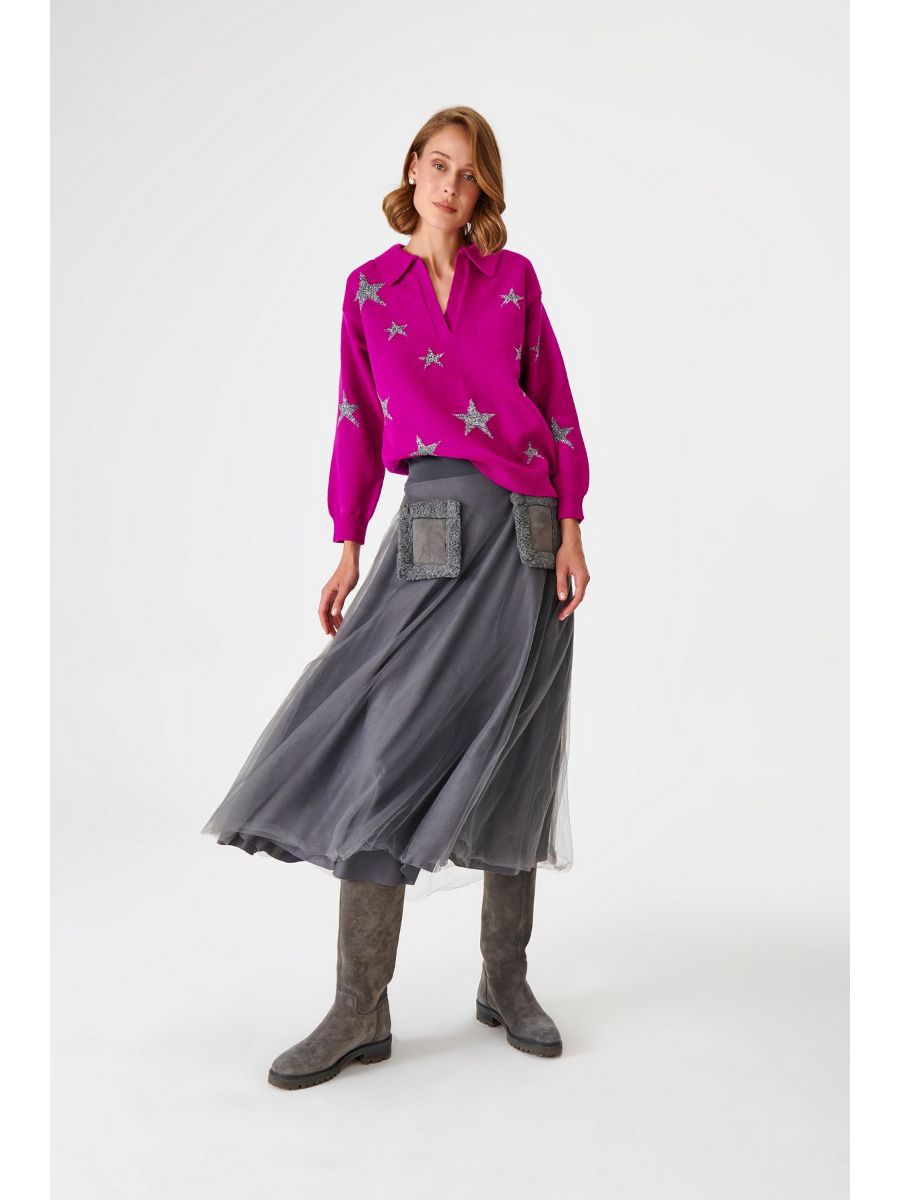 Polo Collar Pink Knitwear Sweater With Silver Star Fınal Item - Porterist 4