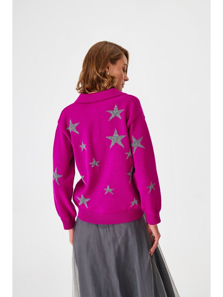 Polo Collar Pink Knitwear Sweater With Silver Star Fınal Item - Porterist 5