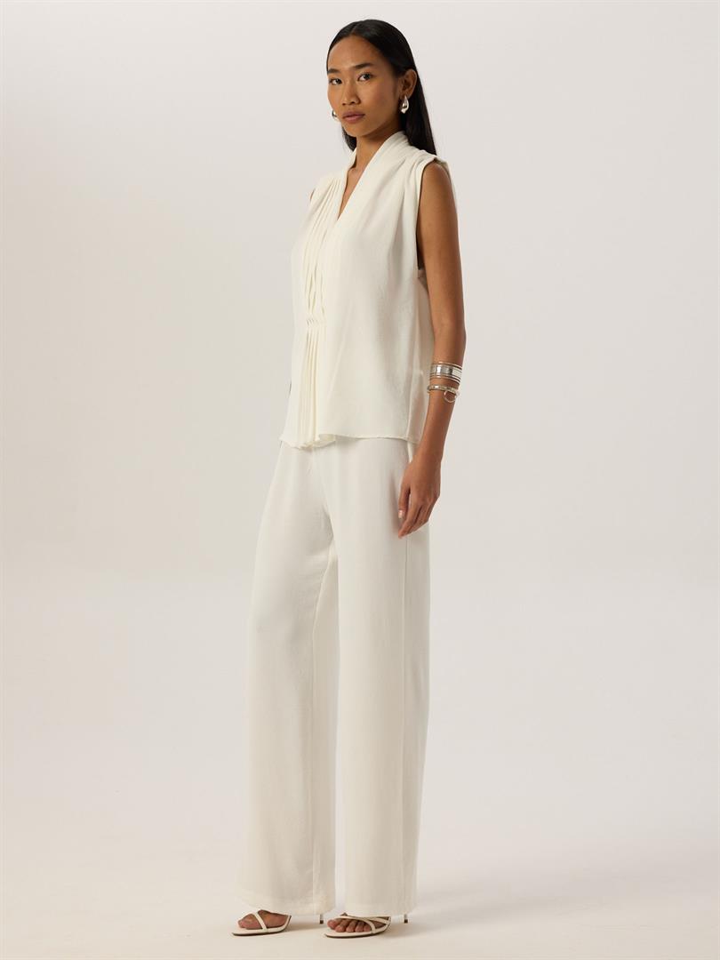 Front Pleated V-Neck Sleeveless Blouse - White