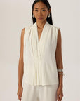 Front Pleated V-Neck Sleeveless Blouse - White