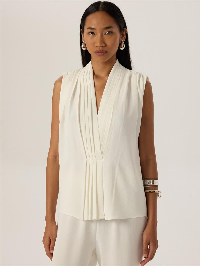 Front Pleated V-Neck Sleeveless Blouse - White