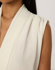 Front Pleated V-Neck Sleeveless Blouse - White