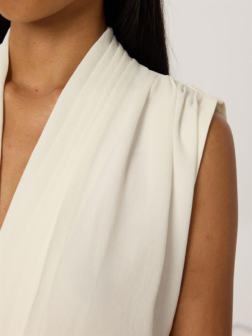 Front Pleated V-Neck Sleeveless Blouse - White