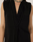 Front Pleated V-Neck Sleeveless Blouse - Black