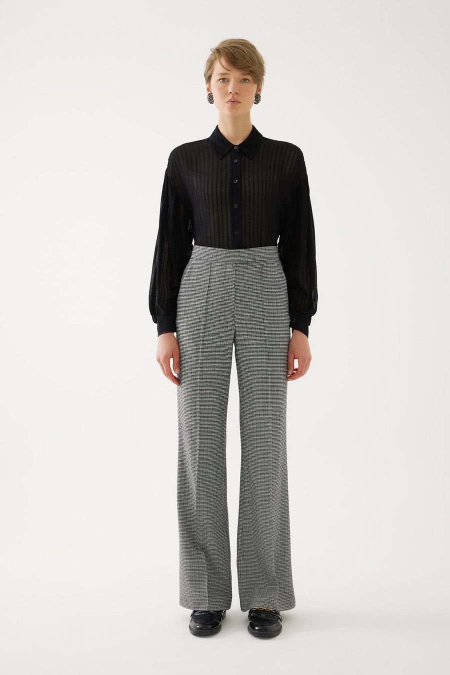 Black And Bone Patterned Trousers With Waist Detail