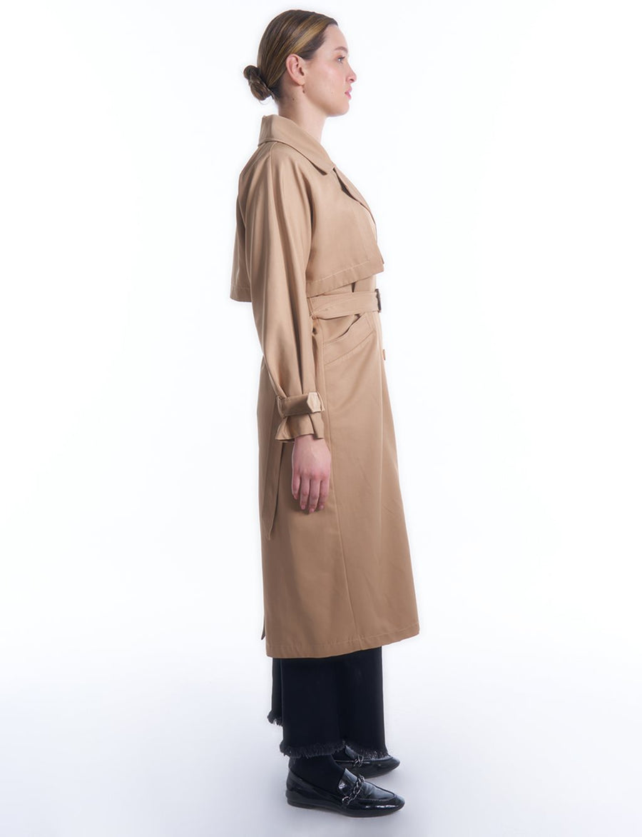 Double Breasted Collar Belt Detailed Trench Coat Beige