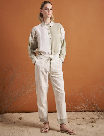 Kayra Natural Fabric Pants with Elasticated Waist Moldy Green-Optical White - Porterist 2
