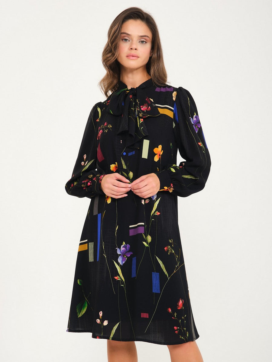 Casual Cut Crepe Dress With Black Collar Scarf Fınal Item - Porterist 1