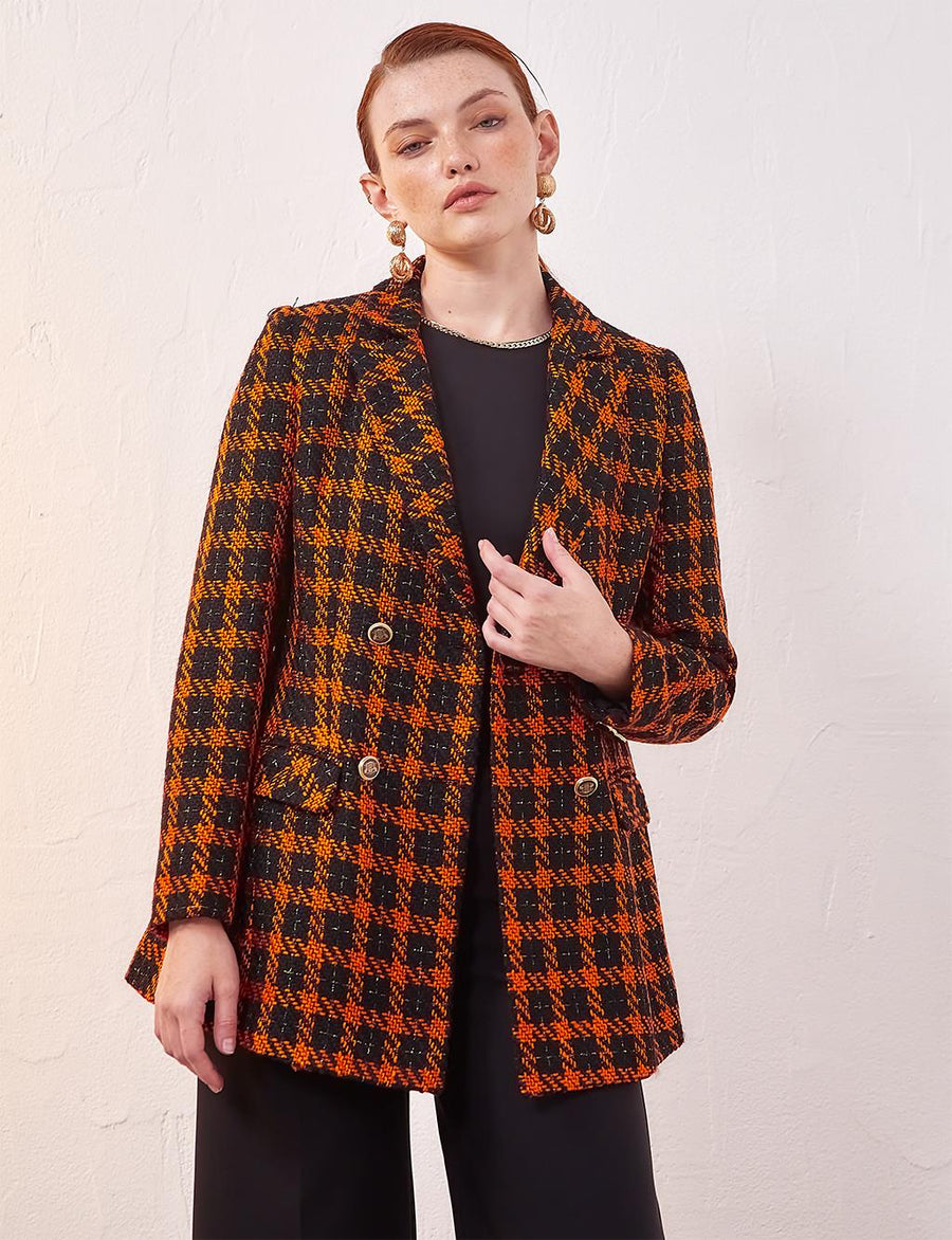 Plaid Tweed Blazer Jacket Black-Orange