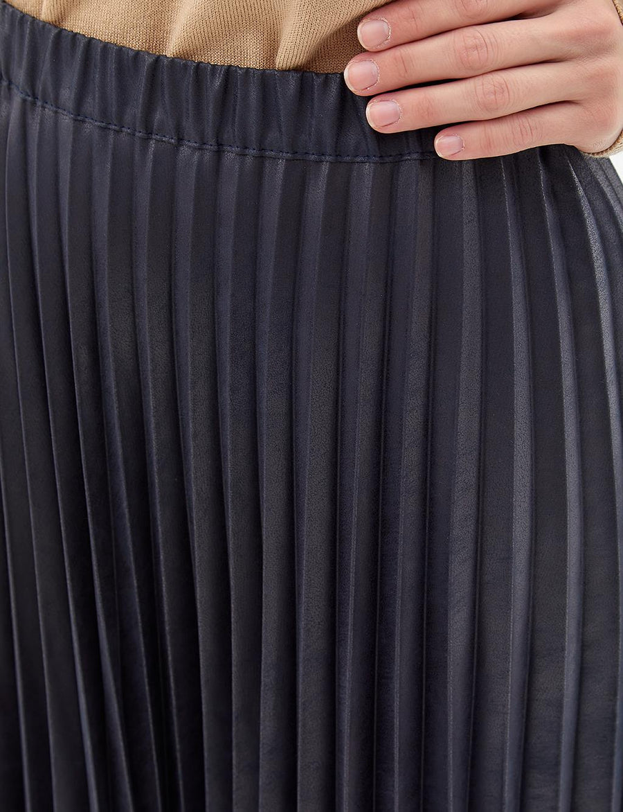 Leather Look Pleat Skirt Navy Blue