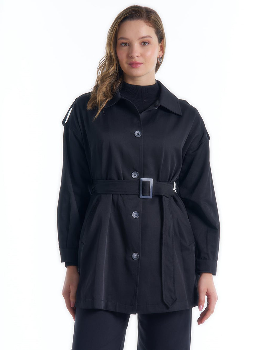 Epaulette Detailed Belt Accessory Trench Coat Black