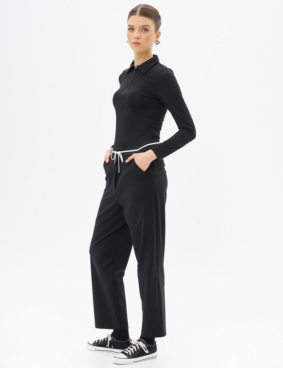 Elastic Waist Lace-up Trousers Black