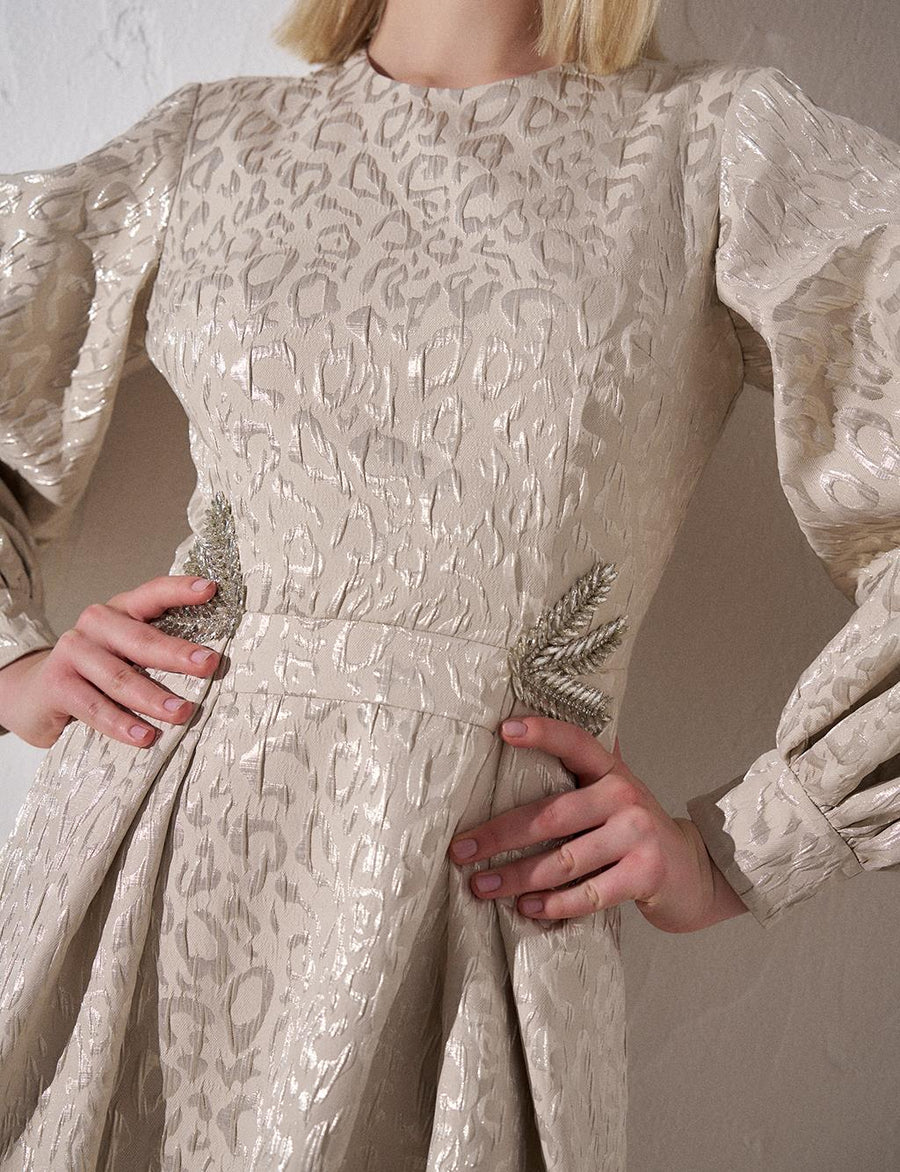 Jacquard Balloon Sleeve Dress Cream Fınal Item - Porterist 4