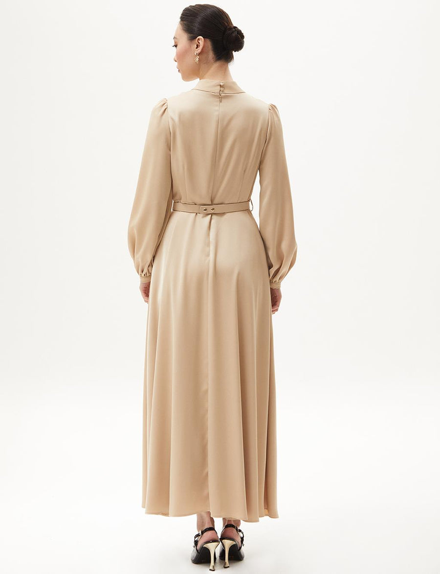Belt Detailed Stylish Dress Beige Fınal Item - Porterist 4