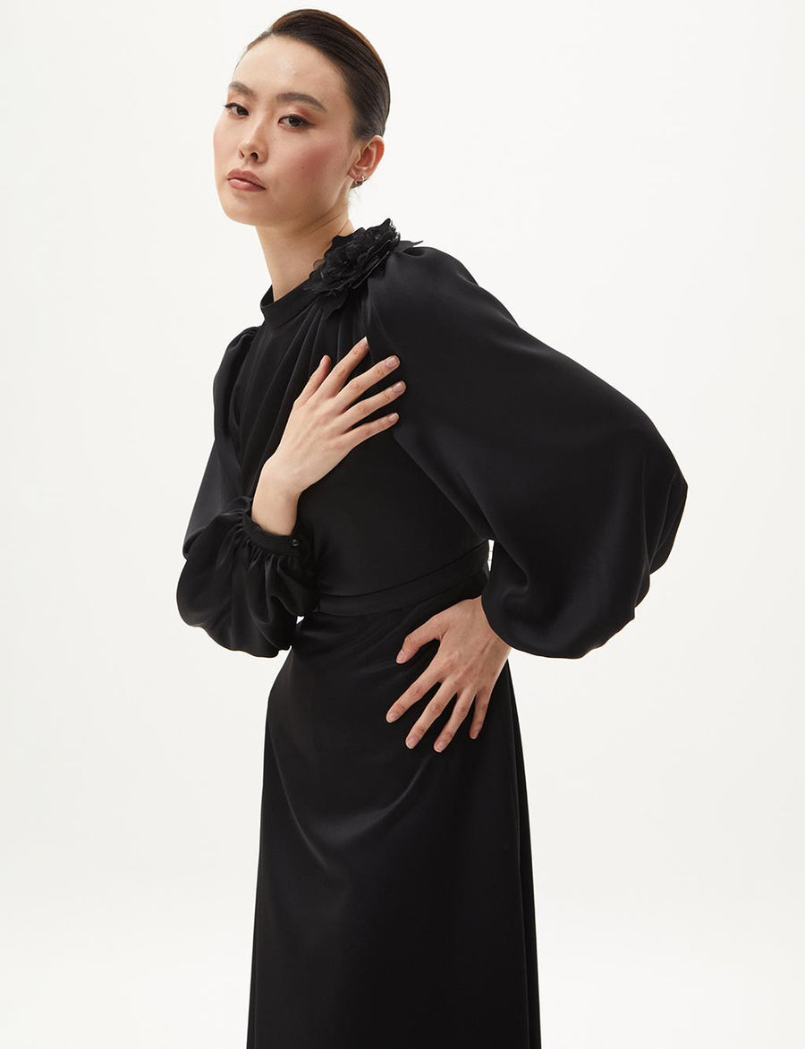 Black Satin Dress With Rose Motif Fınal Item - Porterist 6