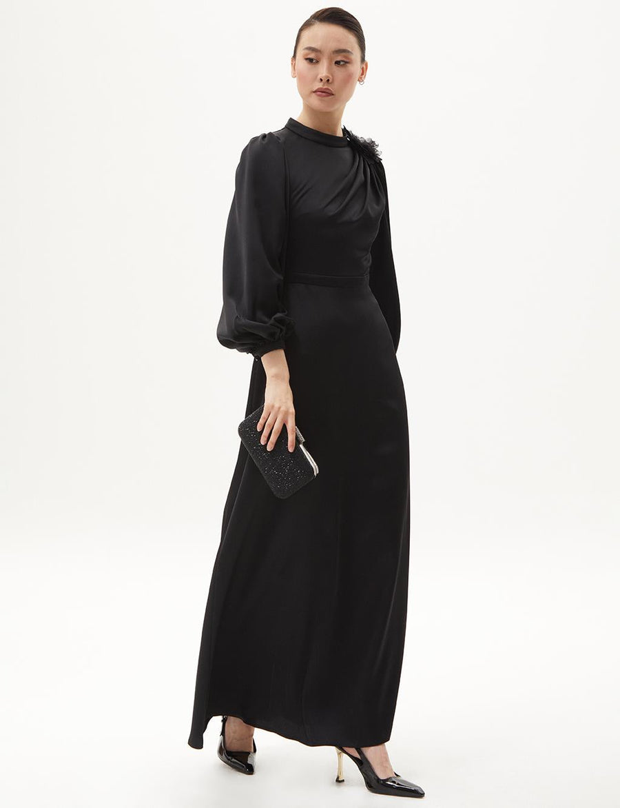 Black Satin Dress With Rose Motif Fınal Item - Porterist 3