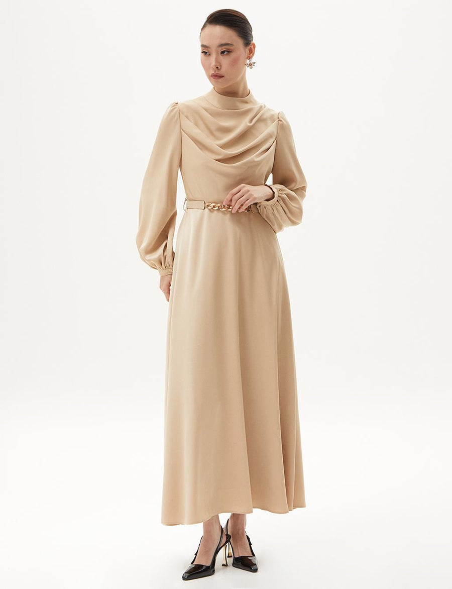 Belt Detailed Stylish Dress Beige Fınal Item - Porterist 2