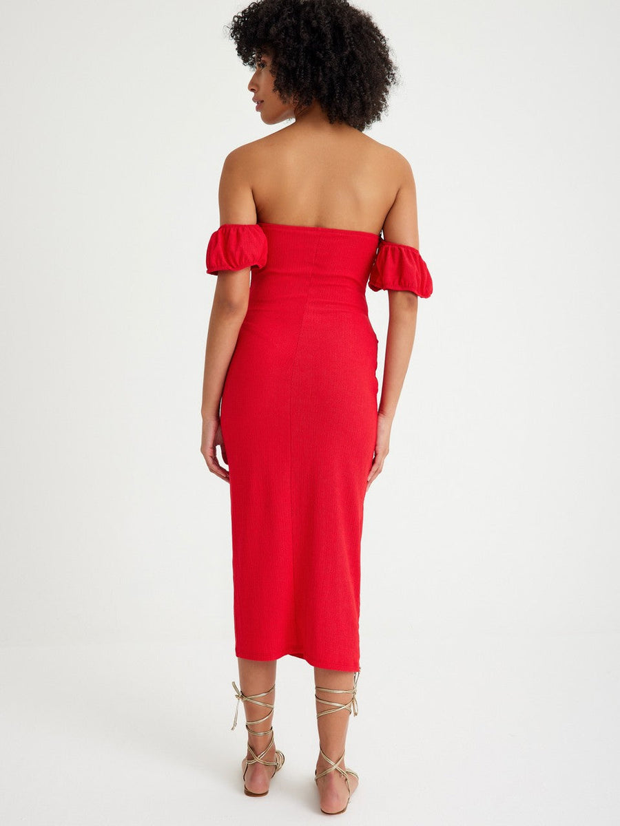 Red Dress With Flexible Crumple Fabric Low Sleeve Detail Fınal Item - Porterist 4