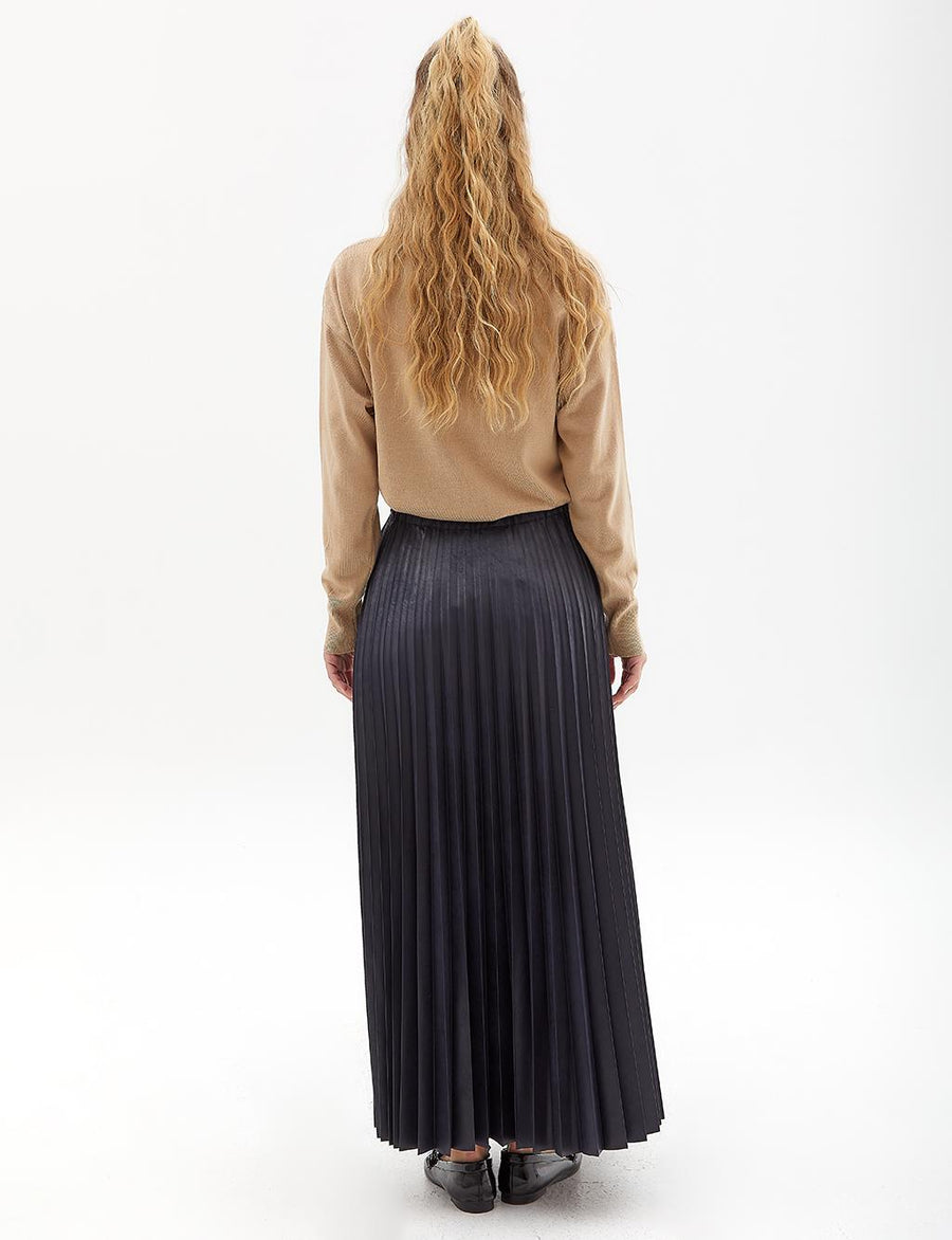 Leather Look Pleat Skirt Navy Blue